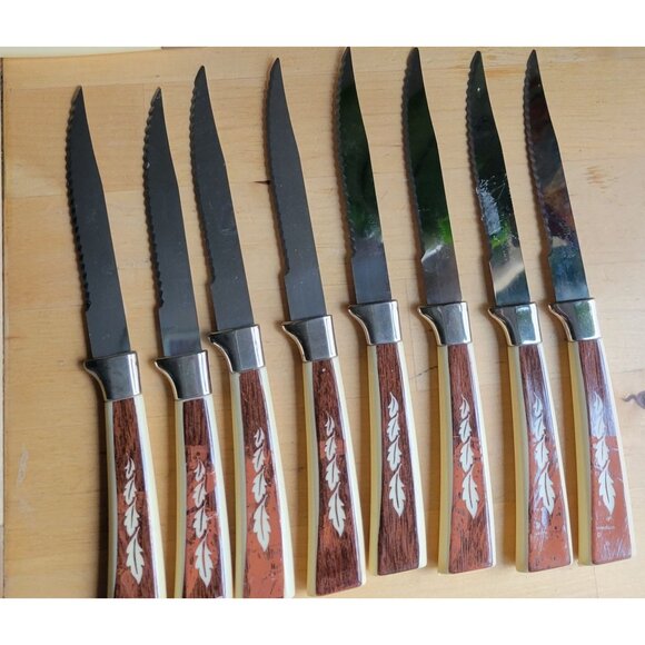 8- Regent Sheffield Bakelite Handle Steak Knives Vintage Set Leaf Cream Brown - Picture 6 of 6